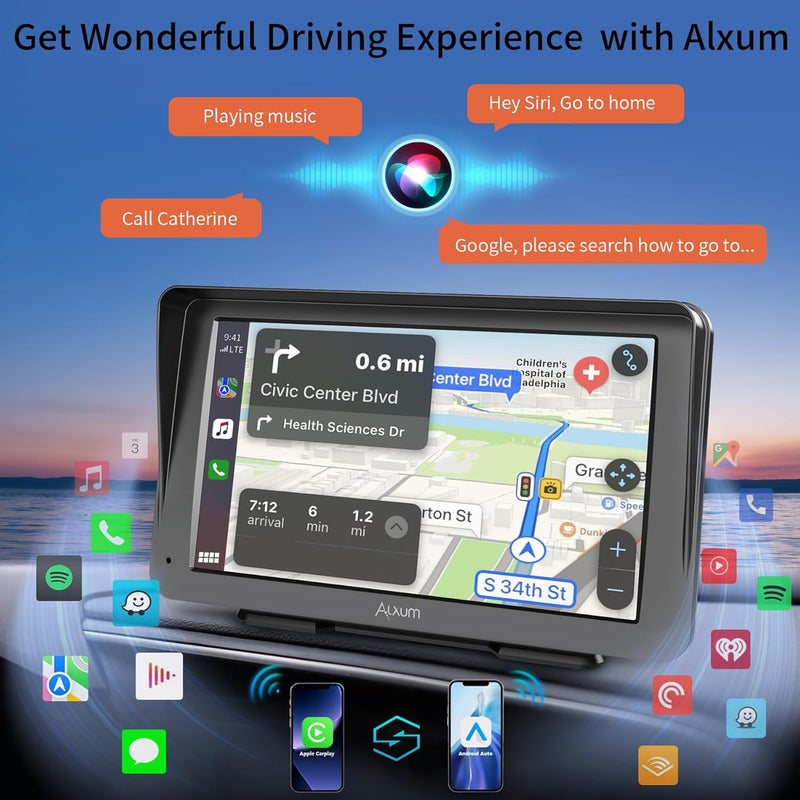 ALXUM شاشة 7" لاسلكية لنظام أندرويد أوتو وآبل كار بلاي للسيارات، شاشة عرض محمولة بدقة HD مع كاميرا خلفية، رابط مرآة، نظام ملاحة GPS، تحكم صوتي، توافق عالمي مع المركبات - Image 3